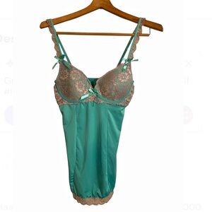 NATIVE INTIMATES 00’s Turquoise & Silvery Gray Lace Satin Babydoll Chemise 36C